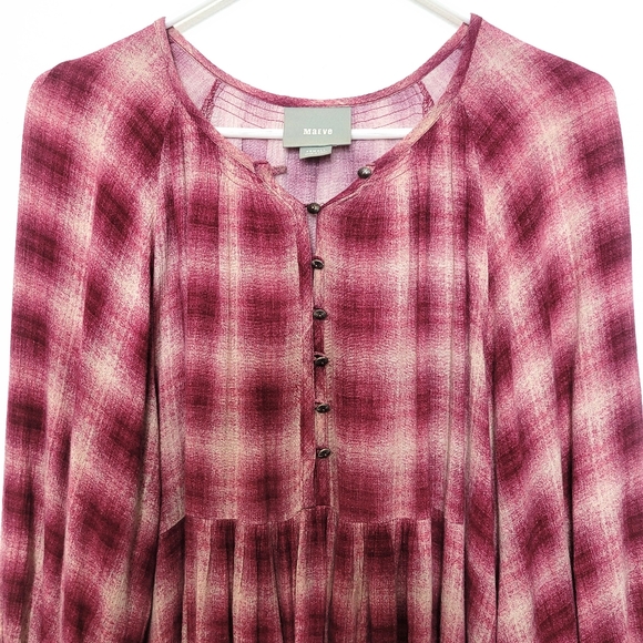 Maeve Anthropologie Cavalon Plaid Tunic Top Size XS Pink Cream 3/4 Sleeve Boho - Picture 3 of 9